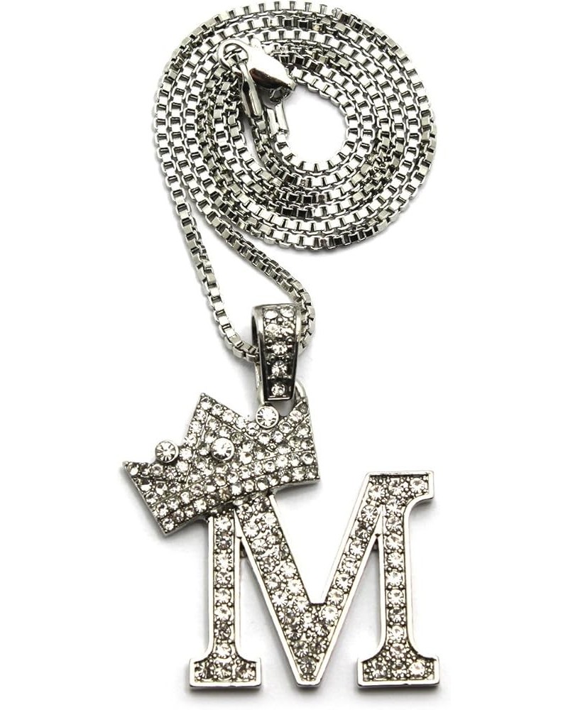 Rhinestone Studded Crown Initial Alphabet Letter Pendant Necklace 24" Box Chain Necklaces in Gold Tone or Silver Tone Silver ...