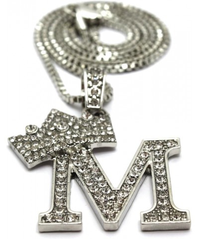 Rhinestone Studded Crown Initial Alphabet Letter Pendant Necklace 24" Box Chain Necklaces in Gold Tone or Silver Tone Silver ...