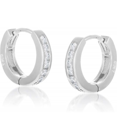 Sterling Silver Small Channel Set Cubic Zirconia Huggie Hoop Earrings for Women White $8.36 Earrings