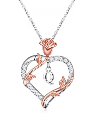 Rose Heart Initial Pendant Necklace Gifts for Women Girls, Letter Brass and Stainless Steel Necklace JEWELRY BOX Q $17.35 Nec...