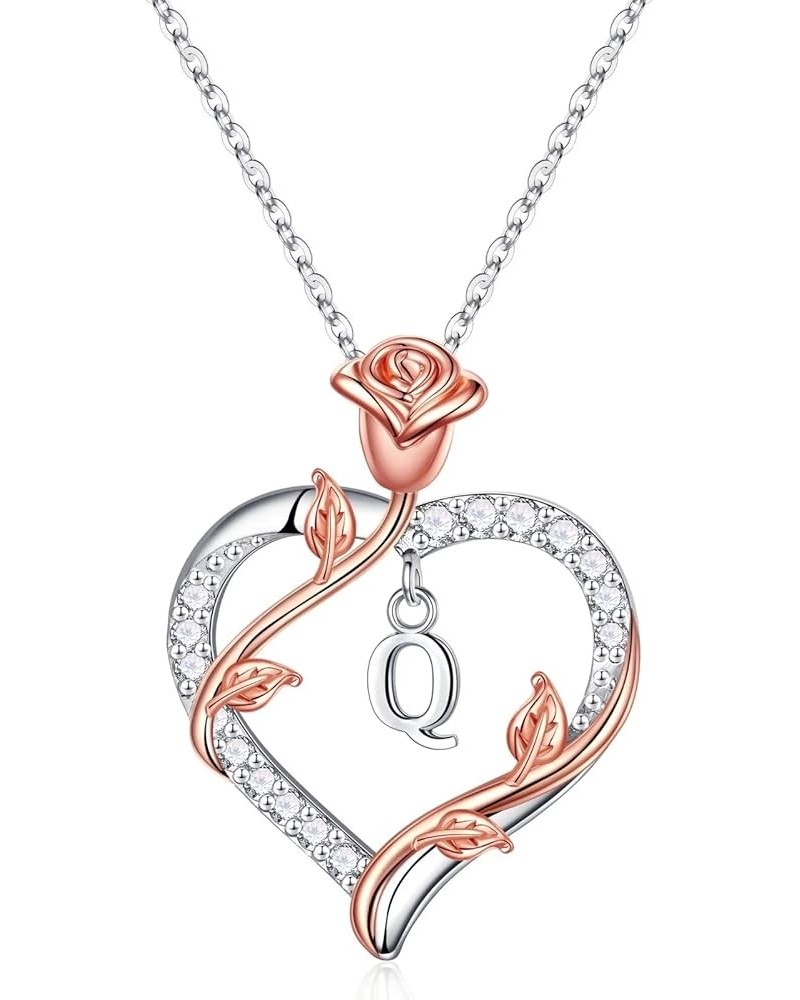 Rose Heart Initial Pendant Necklace Gifts for Women Girls, Letter Brass and Stainless Steel Necklace JEWELRY BOX Q $17.35 Nec...