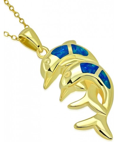 925 Sterling Silver Simulated Blue Opal Double Dolphin Charm Pendant Necklace, 18 yellow $18.45 Necklaces