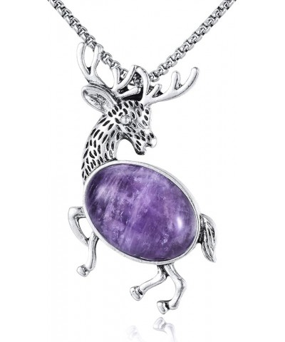 Gemstone Deer Necklace Stainless Steel Deer Pendant Christmas Elk Necklace Jewelry Gift for Women Girls Amethyst $12.74 Neckl...