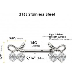 Surgical Steel Nipple Rings, 316L Stainless Steel Nipple Barbell, 14G Nipple Piercing Jewelry, 1 Pair, Crystal CZ Ribbon Silv...