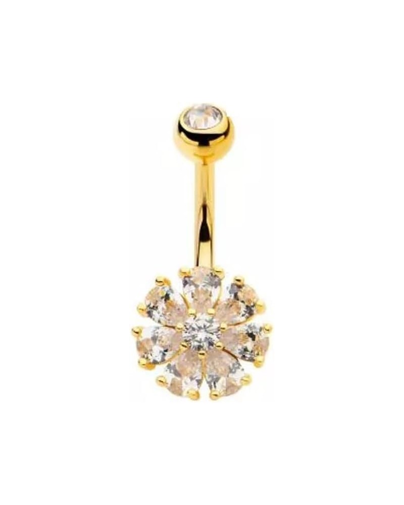 14GA 316L Stainless Steel Prong Set CZ Crystal Flower Belly Button Ring Gold Tone/Clear $10.39 Body Jewelry