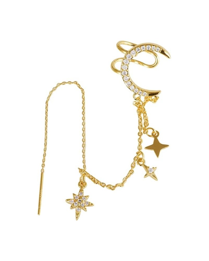 Long Chain Moon Star CZ Ear Cuff Wrap Clawler Climber Clip On Cartilage Hoop Threader Tassel Dangle Drop Earrings for Women G...