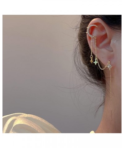 Long Chain Moon Star CZ Ear Cuff Wrap Clawler Climber Clip On Cartilage Hoop Threader Tassel Dangle Drop Earrings for Women G...