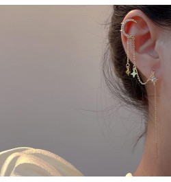 Long Chain Moon Star CZ Ear Cuff Wrap Clawler Climber Clip On Cartilage Hoop Threader Tassel Dangle Drop Earrings for Women G...