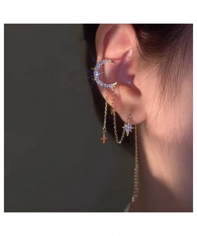 Long Chain Moon Star CZ Ear Cuff Wrap Clawler Climber Clip On Cartilage Hoop Threader Tassel Dangle Drop Earrings for Women G...