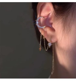 Long Chain Moon Star CZ Ear Cuff Wrap Clawler Climber Clip On Cartilage Hoop Threader Tassel Dangle Drop Earrings for Women G...