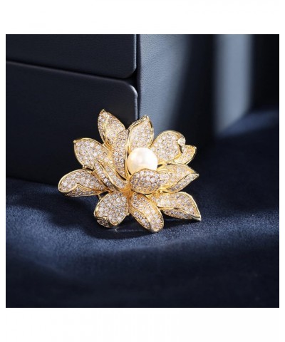 Sparkling Gold Tone Imitated White Pearl Zircon Lotus Flower Brooch Pin Ladies Jewelry $13.19 Brooches & Pins