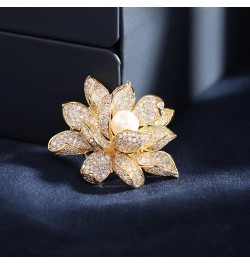 Sparkling Gold Tone Imitated White Pearl Zircon Lotus Flower Brooch Pin Ladies Jewelry $13.19 Brooches & Pins