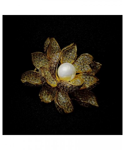 Sparkling Gold Tone Imitated White Pearl Zircon Lotus Flower Brooch Pin Ladies Jewelry $13.19 Brooches & Pins