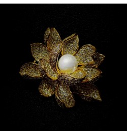 Sparkling Gold Tone Imitated White Pearl Zircon Lotus Flower Brooch Pin Ladies Jewelry $13.19 Brooches & Pins