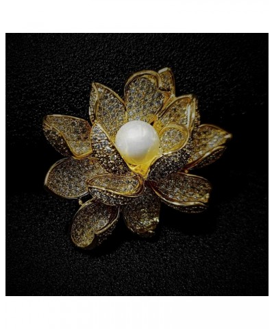 Sparkling Gold Tone Imitated White Pearl Zircon Lotus Flower Brooch Pin Ladies Jewelry $13.19 Brooches & Pins