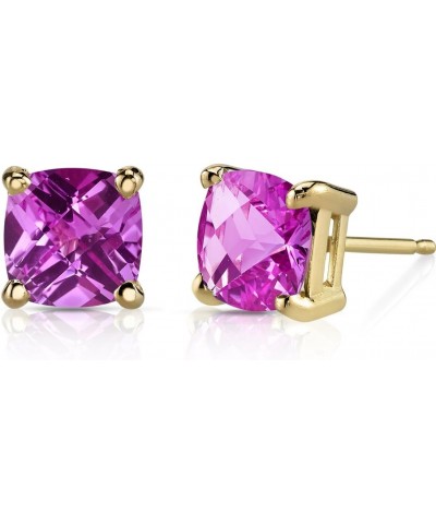 Solid 14K Yellow Gold Created Pink Sapphire Stud Earrings for Women, Classic Solitaire, Hypoallergenic Cushion Cut 6mm, 2.50 ...