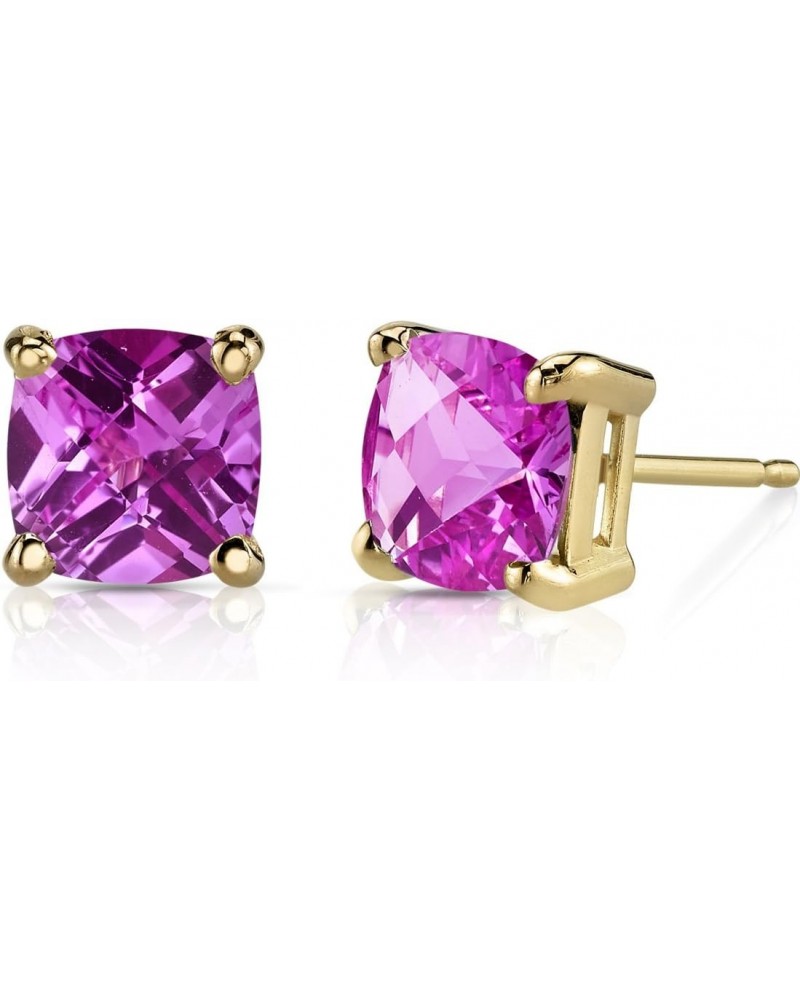 Solid 14K Yellow Gold Created Pink Sapphire Stud Earrings for Women, Classic Solitaire, Hypoallergenic Cushion Cut 6mm, 2.50 ...