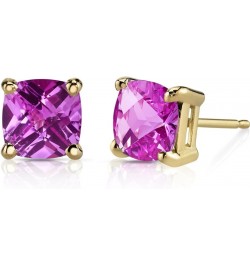 Solid 14K Yellow Gold Created Pink Sapphire Stud Earrings for Women, Classic Solitaire, Hypoallergenic Cushion Cut 6mm, 2.50 ...