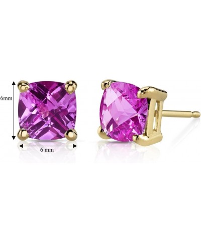 Solid 14K Yellow Gold Created Pink Sapphire Stud Earrings for Women, Classic Solitaire, Hypoallergenic Cushion Cut 6mm, 2.50 ...