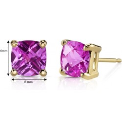 Solid 14K Yellow Gold Created Pink Sapphire Stud Earrings for Women, Classic Solitaire, Hypoallergenic Cushion Cut 6mm, 2.50 ...