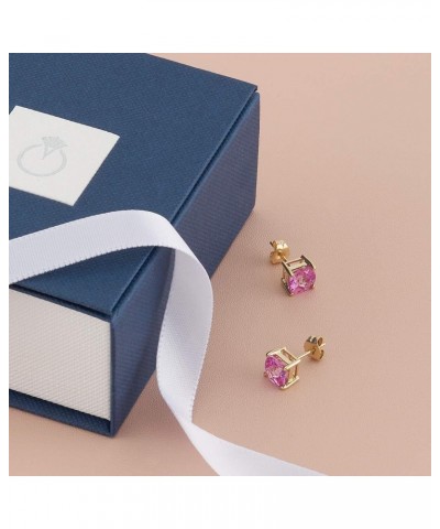 Solid 14K Yellow Gold Created Pink Sapphire Stud Earrings for Women, Classic Solitaire, Hypoallergenic Cushion Cut 6mm, 2.50 ...