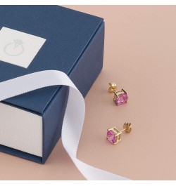 Solid 14K Yellow Gold Created Pink Sapphire Stud Earrings for Women, Classic Solitaire, Hypoallergenic Cushion Cut 6mm, 2.50 ...