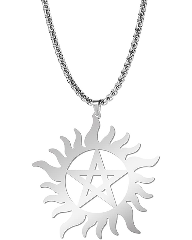 Pentagram Sun Wheel Layered Necklace For Women Men Stainless Steel Dainty Chic Sun Sunburst Pentacle Pendant Double Layer Nec...