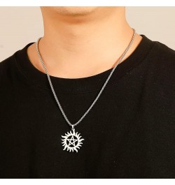 Pentagram Sun Wheel Layered Necklace For Women Men Stainless Steel Dainty Chic Sun Sunburst Pentacle Pendant Double Layer Nec...