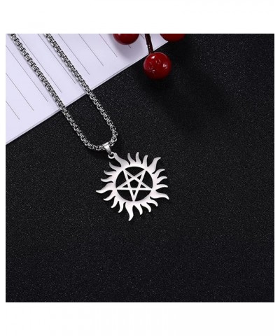 Pentagram Sun Wheel Layered Necklace For Women Men Stainless Steel Dainty Chic Sun Sunburst Pentacle Pendant Double Layer Nec...