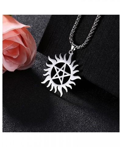 Pentagram Sun Wheel Layered Necklace For Women Men Stainless Steel Dainty Chic Sun Sunburst Pentacle Pendant Double Layer Nec...