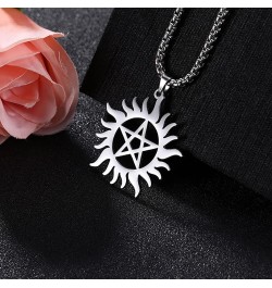 Pentagram Sun Wheel Layered Necklace For Women Men Stainless Steel Dainty Chic Sun Sunburst Pentacle Pendant Double Layer Nec...