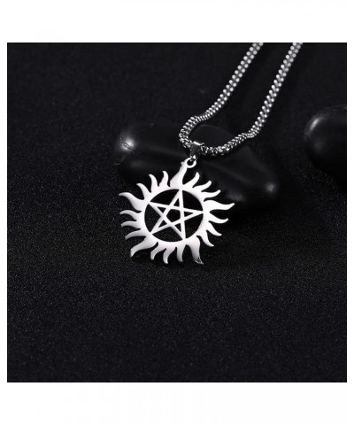 Pentagram Sun Wheel Layered Necklace For Women Men Stainless Steel Dainty Chic Sun Sunburst Pentacle Pendant Double Layer Nec...