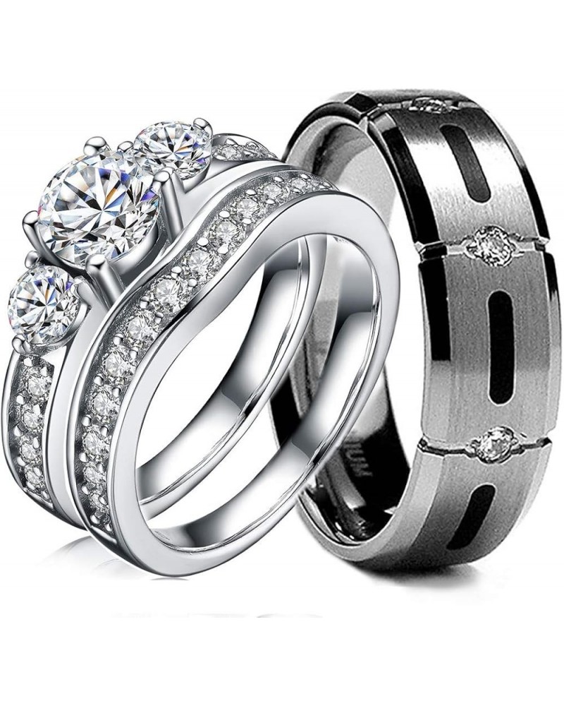 3 Pcs His & Hers, Sterling Silver & Titanium Wedding Rings Set. Size His 09, Hers 08 $27.30 Sets