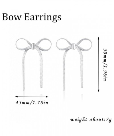 Silver Gold Bow Earrings for Women Girls Ribbon Bow Earring Stainless Steel Dangle Tassel Earrings Jewelry Gifts Silver-Long ...