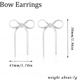 Silver Gold Bow Earrings for Women Girls Ribbon Bow Earring Stainless Steel Dangle Tassel Earrings Jewelry Gifts Silver-Long ...