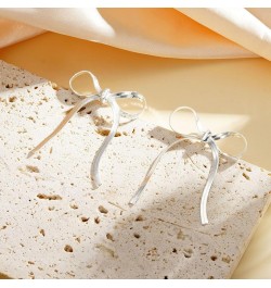 Silver Gold Bow Earrings for Women Girls Ribbon Bow Earring Stainless Steel Dangle Tassel Earrings Jewelry Gifts Silver-Long ...