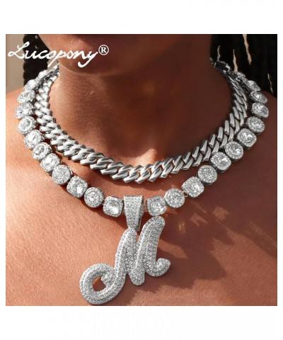 2pcs Cuban Link Chain for Women Cursive Silver Initial Necklace Cuban Link Necklace for Women Hip Hop Iced Out Chain Necklace...