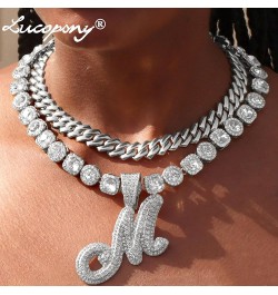 2pcs Cuban Link Chain for Women Cursive Silver Initial Necklace Cuban Link Necklace for Women Hip Hop Iced Out Chain Necklace...