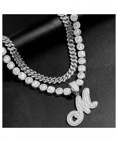 2pcs Cuban Link Chain for Women Cursive Silver Initial Necklace Cuban Link Necklace for Women Hip Hop Iced Out Chain Necklace...