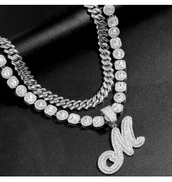 2pcs Cuban Link Chain for Women Cursive Silver Initial Necklace Cuban Link Necklace for Women Hip Hop Iced Out Chain Necklace...