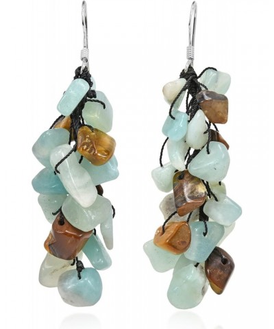 Gorgeous Cluster of Seafoam Green Aventurine and Brown Tiger's Eye Stones on Sterling Silver Fishhook Dangle Earrings for Boh...