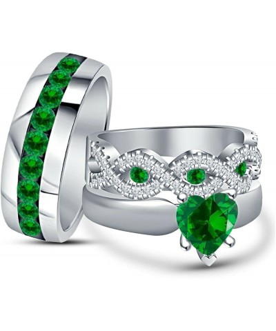 14K White Gold Over Heart & Round Cut Green Emerald & Diamond 925 Sterling Silver Diamond Wedding Engagement Trio Ring Set fo...