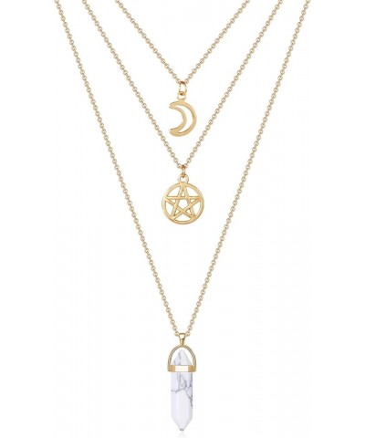 Moon Pentagram Necklace Y2K Pentacle Crystal Chakra Necklace Charm Pendant Multi Gold Layered Necklaces for Women Choker Neck...