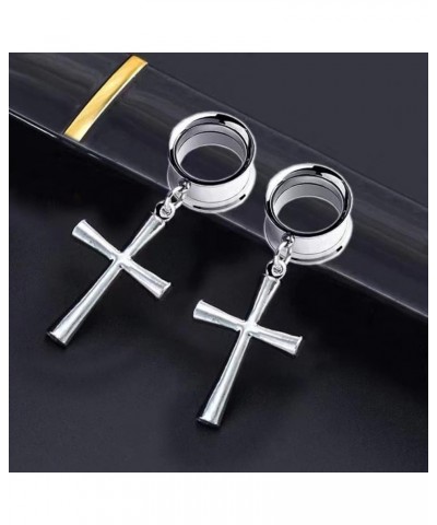 2 PCS Fashion 316 Stainless Steel Cross Double Flared Dangle Ear Plugs Tunnels Gauges Stretcher Piercings Body Jewelry 6mm-25...