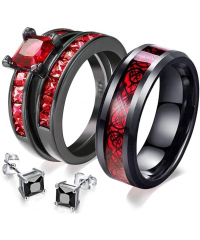 His and Hers Couples Matching Rings Women's 2pc Black Gold Filled Red CZ Engagement Ring Bridal Sets Men's Titanium Steel Wed...