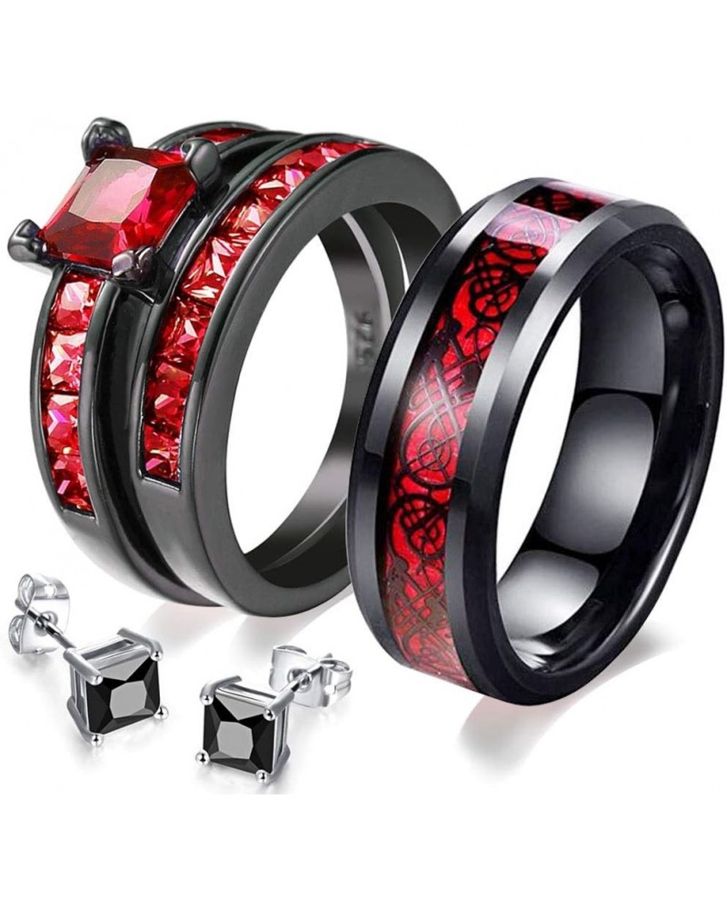 His and Hers Couples Matching Rings Women's 2pc Black Gold Filled Red CZ Engagement Ring Bridal Sets Men's Titanium Steel Wed...