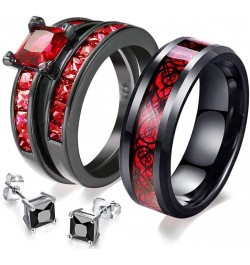 His and Hers Couples Matching Rings Women's 2pc Black Gold Filled Red CZ Engagement Ring Bridal Sets Men's Titanium Steel Wed...