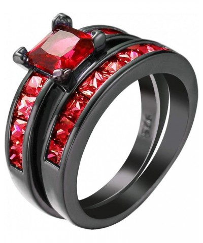 His and Hers Couples Matching Rings Women's 2pc Black Gold Filled Red CZ Engagement Ring Bridal Sets Men's Titanium Steel Wed...