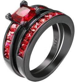 His and Hers Couples Matching Rings Women's 2pc Black Gold Filled Red CZ Engagement Ring Bridal Sets Men's Titanium Steel Wed...