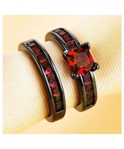 His and Hers Couples Matching Rings Women's 2pc Black Gold Filled Red CZ Engagement Ring Bridal Sets Men's Titanium Steel Wed...